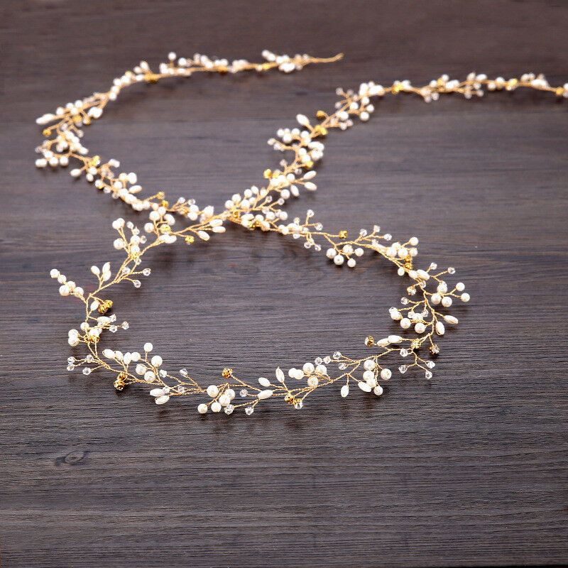Ozdoby do vlasů - svatební, pásy, - 50cm- perličky+krystaly-zlatá PERFEKTVLASY