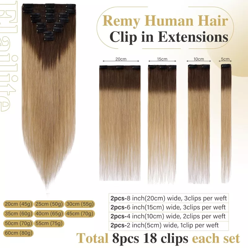 CLIP IN 8 pásů,OMBRE, 50cm,70g, 100% lidské vlasy, varianty: PERFEKTVLASY