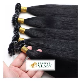 VLASY KERATIN INDIAN REMY ČERNÁ #01,100g, 55cm, 100% lidské vlasy k prodloužení PERFEKTVLASY