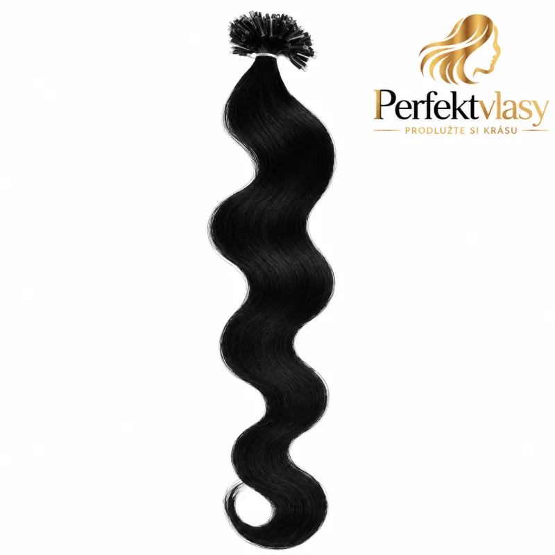 VLASY KERATIN REMY ČERNÁ vlnitá #01,50g, 50cm, 100% lidské vlasy k prodloužení PERFEKTVLASY