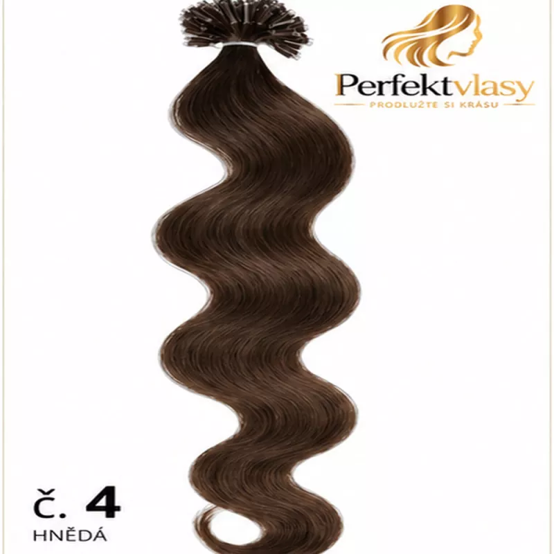 VLASY KERATIN REMY STŘEDNĚ HNĚDÁ vlnitá #04, 50g, 50cm, 100% lidské vlasy k prodloužení PERFEKTVLASY