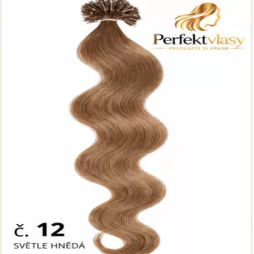 VLASY KERATIN REMY SVĚTLE HNĚDÁ vlnitá #12, 50g, 50cm, 100% lidské vlasy k prodloužení