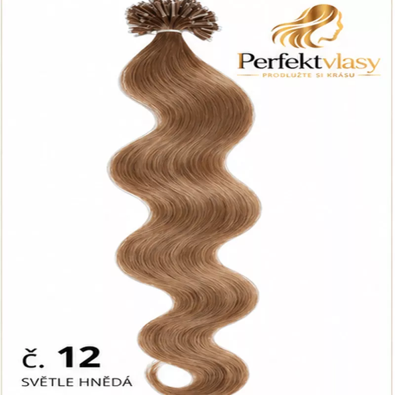 VLASY KERATIN REMY SVĚTLE HNĚDÁ vlnitá #12, 50g, 50cm, 100% lidské vlasy k prodloužení PERFEKTVLASY