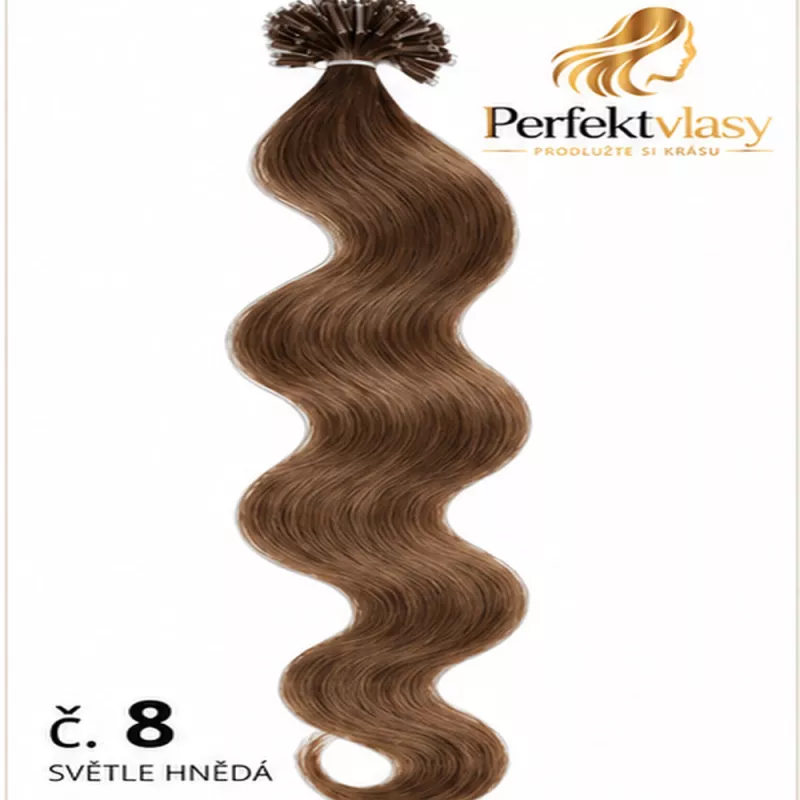 VLASY KERATIN REMY SVĚTLEJŠÍ HNĚDÁ vlnitá #08, 50g, 50cm, 100% lidské vlasy k prodloužení PERFEKTVLASY