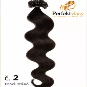 VLASY KERATIN REMY TMAVĚ HNĚDÁ vlnitá #02, 50g, 50cm, 100% lidské vlasy k prodloužení