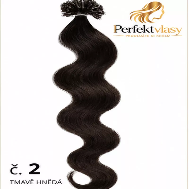 VLASY KERATIN REMY TMAVĚ HNĚDÁ vlnitá #02, 50g, 50cm, 100% lidské vlasy k prodloužení PERFEKTVLASY