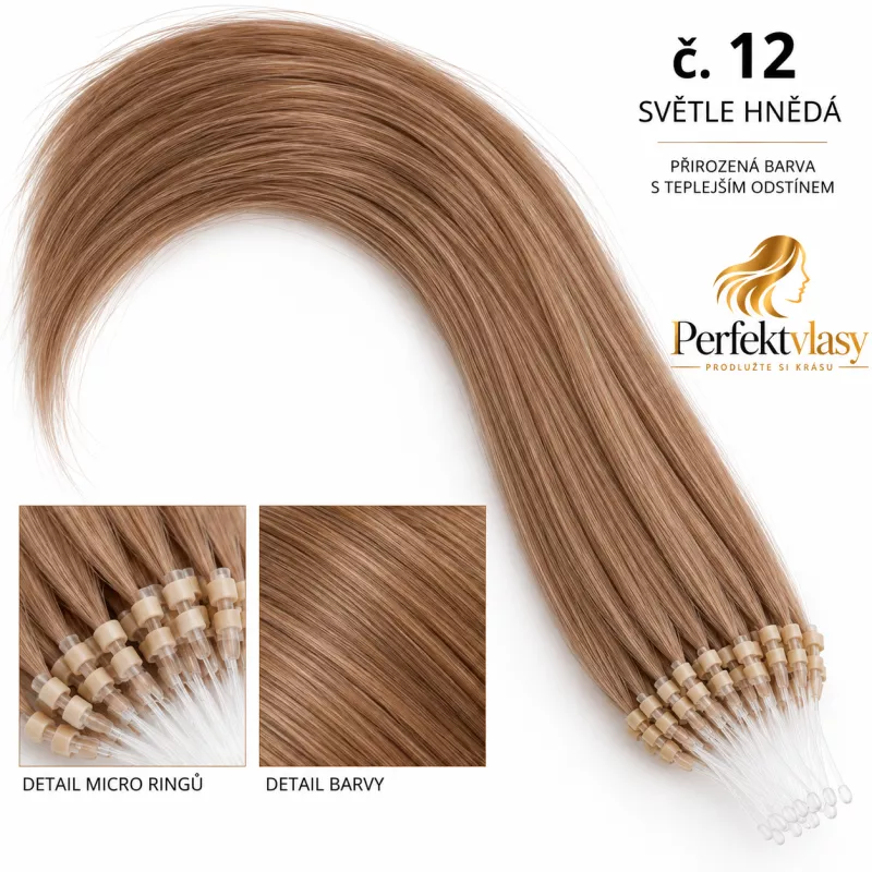 VLASY MICRO RING REMY SVĚTLE HNĚDÁ #12,50g, 55cm,100% lidské vlasy k prodloužení PERFEKTVLASY