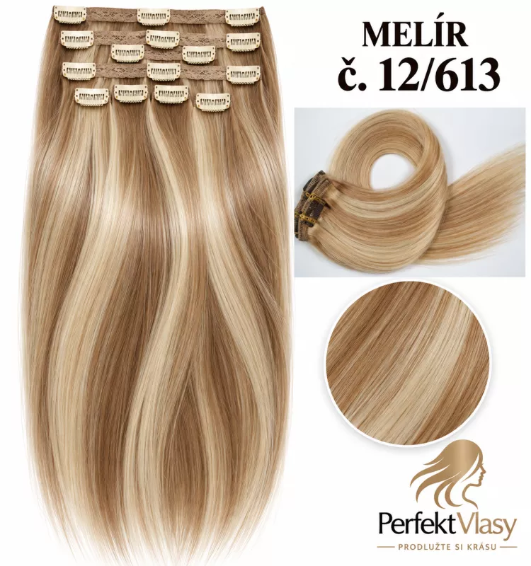 VLASY CLIP IN 7pásů BLOND MELÍR #12/613, 80g, 55cm,100% lidské vlasy PERFEKTVLASY