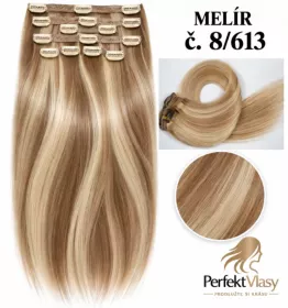 VLASY CLIP IN 7pásů BLOND MELÍR #8/613, 80g, 55cm, 100% lidské vlasy 