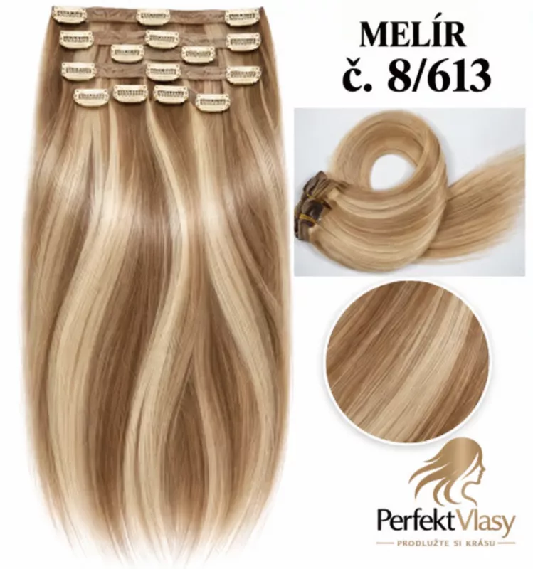 VLASY CLIP IN 7pásů BLOND MELÍR #8/613, 80g, 55cm, 100% lidské vlasy PERFEKTVLASY