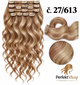 VLASY CLIP IN 7pásů BLOND MELÍR vlnité #27/613, 75g, 55cm, 100% lidské vlasy PERFEKTVLASY