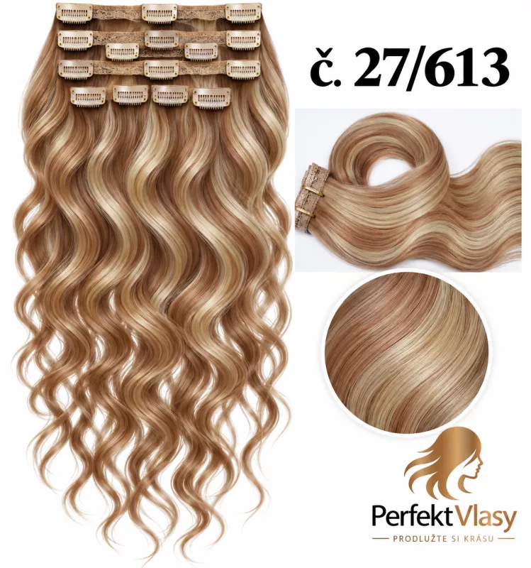 VLASY CLIP IN 7pásů BLOND MELÍR vlnité #27/613, 75g, 55cm, 100% lidské vlasy PERFEKTVLASY