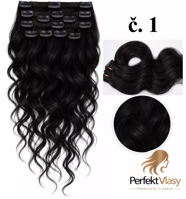 VLASY CLIP IN 7pásů ČERNÁ vlnité #01, 70g, 45cm, 100% lidské vlasy PERFEKTVLASY