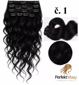 VLASY CLIP IN 7pásů ČERNÁ vlnité #01, 70g, 50cm, 100% lidské vlasy