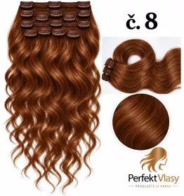 VLASY CLIP IN 7pásů HNĚDÁ vlnité #08, 70g, 45cm, 100% lidské vlasy 