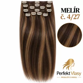 VLASY CLIP IN 7pásů HNĚDÝ MELÍR #4/27, 80g, 55cm,100% lidské vlasy