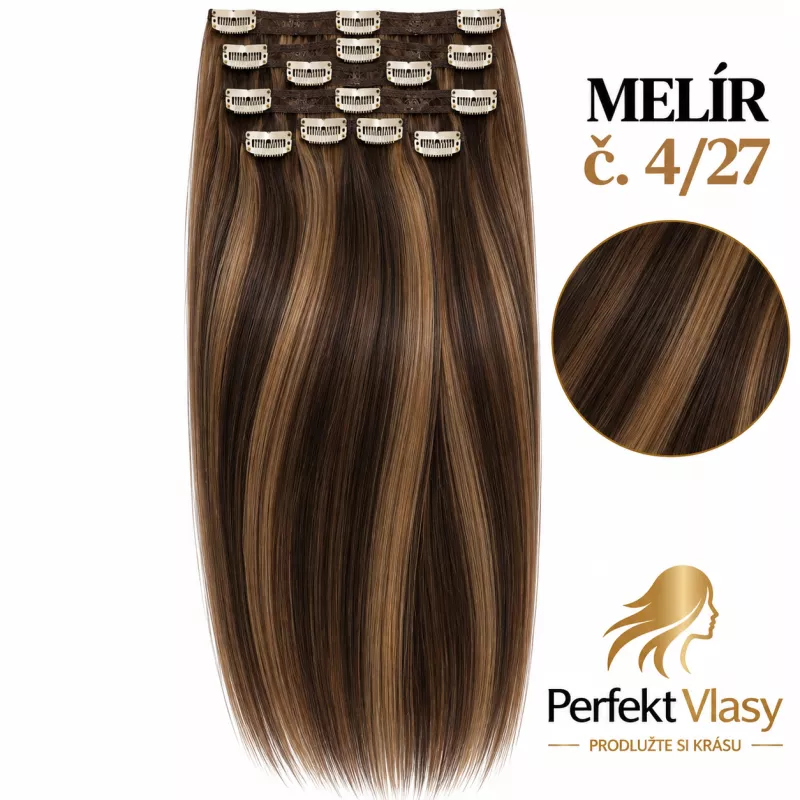 VLASY CLIP IN 7pásů HNĚDÝ MELÍR #4/27, 80g, 55cm,100% lidské vlasy PERFEKTVLASY