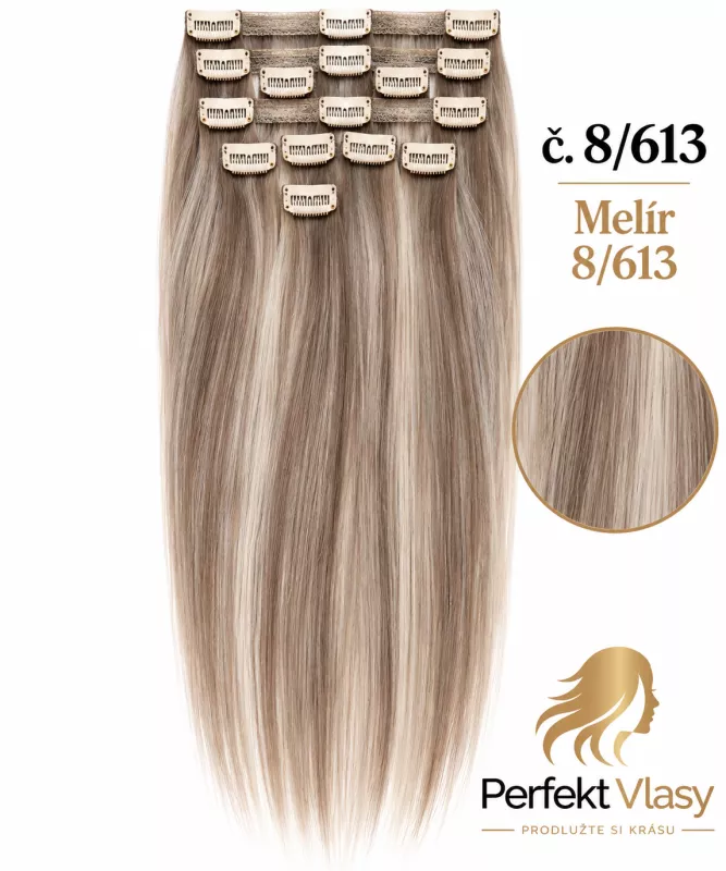 VLASY CLIP IN 7pásů MELÍR #8/613, 70g, 50cm,100% lidské vlasy PERFEKTVLASY