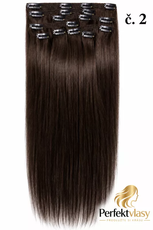 VLASY CLIP IN 7pásů TMAVĚ HNĚDÁ #02, 70g, 45cm,100% lidské vlasy PERFEKTVLASY