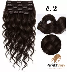 VLASY CLIP IN 7pásů TMAVĚ HNĚDÁ vlnité  #2, 70g, 45cm, 100% lidské vlasy
