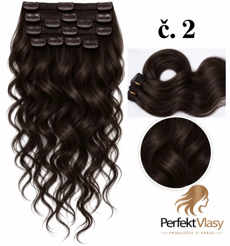 VLASY CLIP IN 7pásů TMAVĚ HNĚDÁ vlnité #2, 70g, 45cm, 100% lidské vlasy PERFEKTVLASY