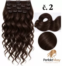 VLASY CLIP IN 7pásů TMAVĚ HNĚDÁ vlnité  #2, 70g, 50cm, 100% lidské vlasy