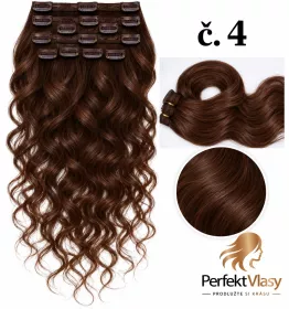 VLASY CLIP IN 7pásů TMAVĚ HNĚDÁ vlnité #4, 70g, 45cm, 100% lidské vlasy