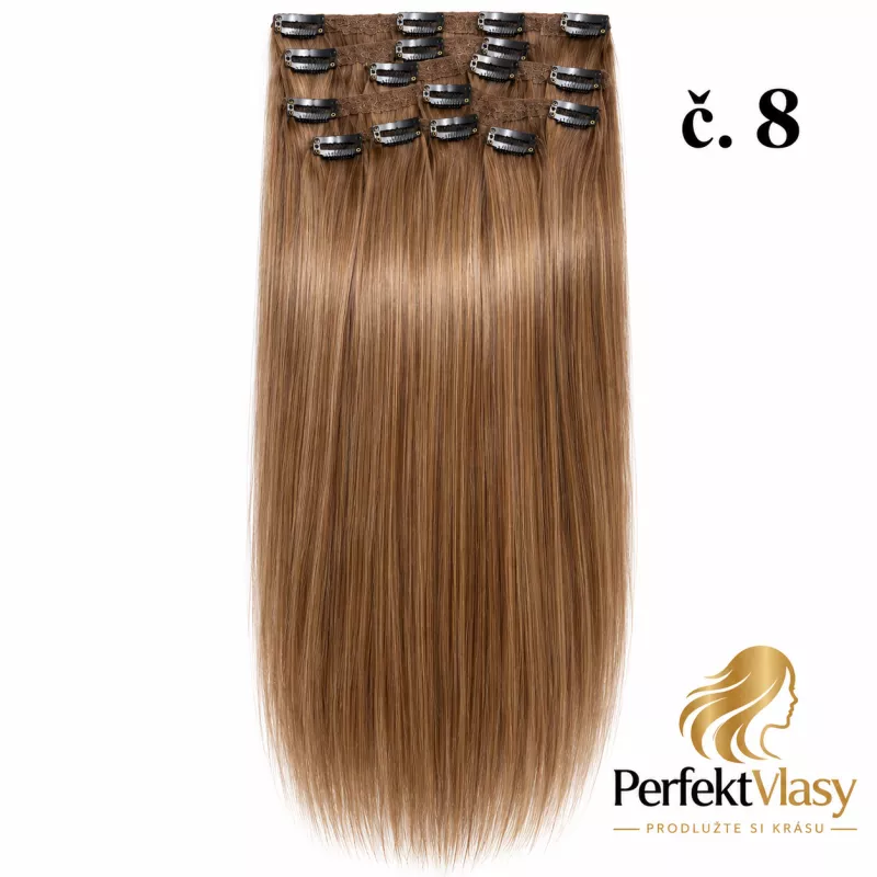 VLASY CLIP IN 8 pásů SVĚTLE HNĚDÁ #8, 120g, 60cm, 100% lidské vlasy PERFEKTVLASY